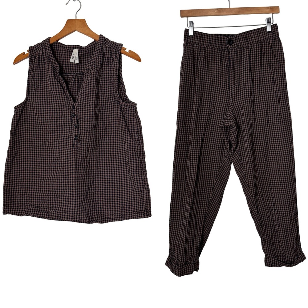 Pact Organic Cotton Gingham Two Piece Set Brown Black Top and Pants Womens Small